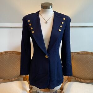 Vintage St. John Elegant Santana Knit Navy Women's Blazer Jacket w Gold Buttons
